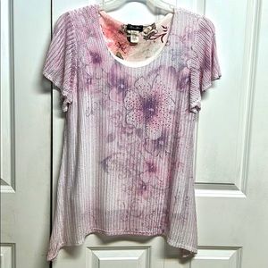 Brittany Black Pink Purple Floral Print Long Sided Tunic Top Size XL